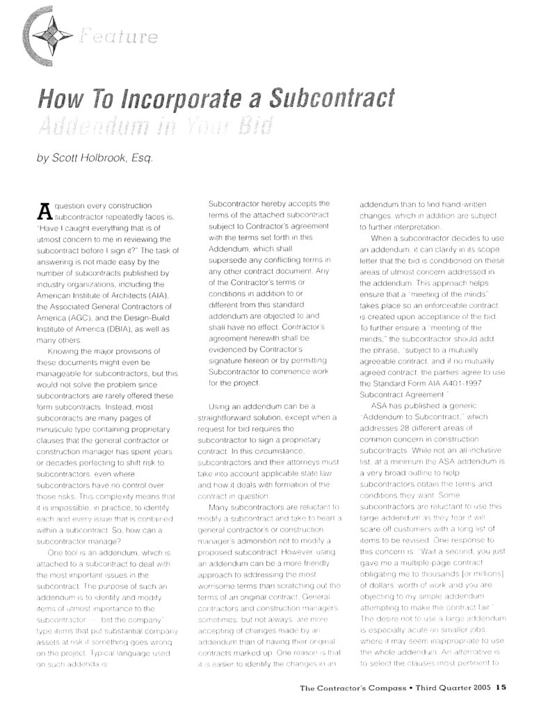 How to incorporate a subcontract addendum Your Bid - Scott Holbrook